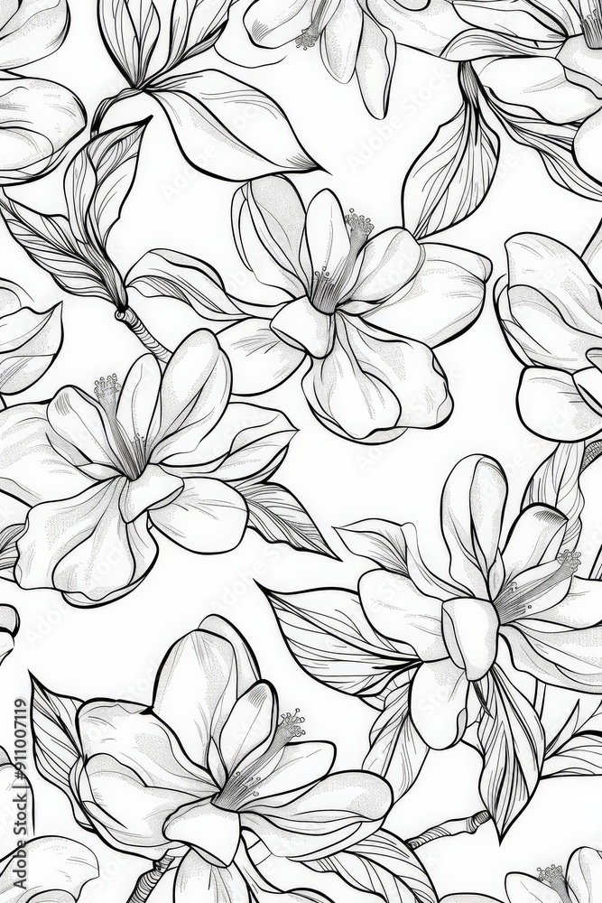 A unique monochrome illustration showcasing blooming flowers and intricate leaves, ideal for adding a touch of elegance and art to any creative project or décor piece.