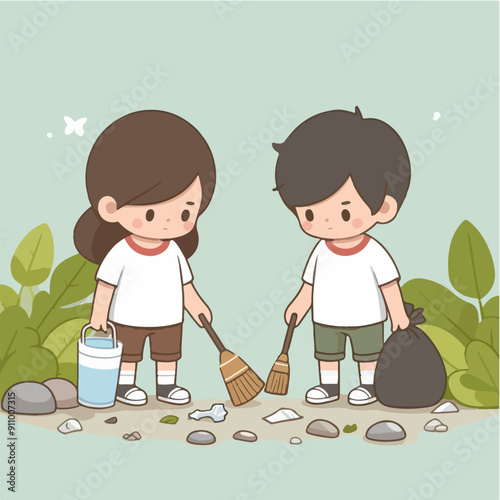 people cleaning nature by collecting garbage into trash bags. Family working together and picking plastic litter. Colored flat vector illustration isolated on white background