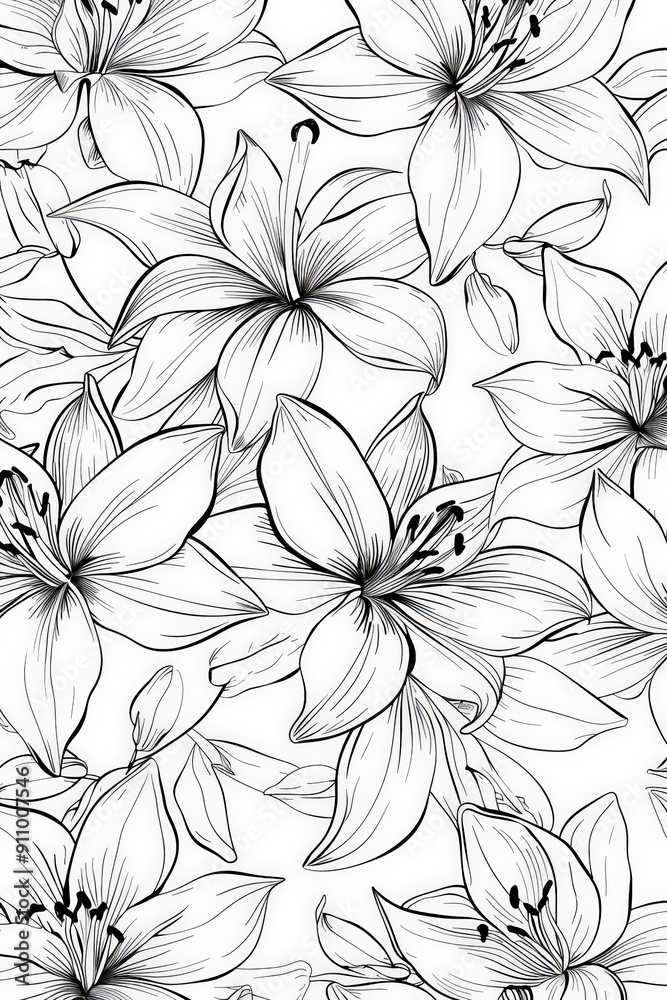 A detailed and intricate botanical illustration of lilies in black and white. The image captures the delicate and sophisticated nature of these beautiful flowers. A detailed and intricate botanical illustration of lilies in black and white. The image captures the delicate and sophisticated nature of these beautiful flowers.