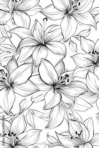 A detailed and intricate botanical illustration of lilies in black and white. The image captures the delicate and sophisticated nature of these beautiful flowers.