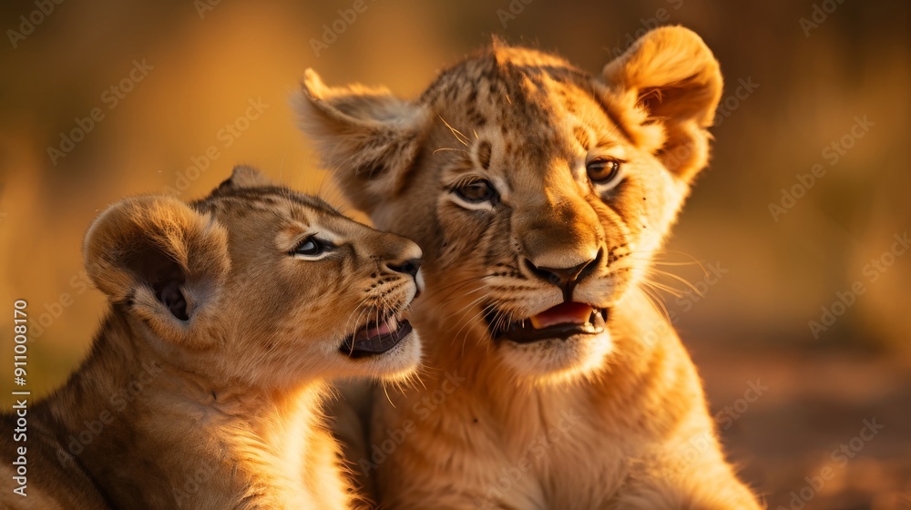Fototapeta premium Closeup lion cub playful mother