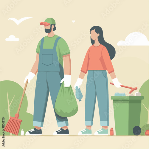 people cleaning nature by collecting garbage into trash bags. Family working together and picking plastic litter. Colored flat vector illustration isolated on white background