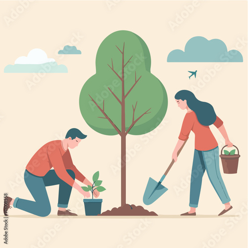 people cleaning nature by collecting garbage into trash bags. Family working together and picking plastic litter. Colored flat vector illustration isolated on white background