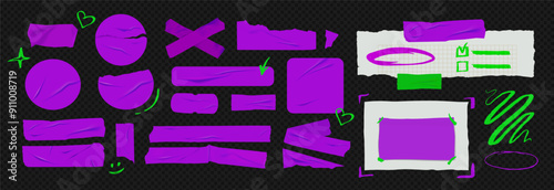 Template a tape with wrinkles. Set of purple scotch for collage. Square and round stickers with glued texture. Vector realistic mockup set. Torn paper and plastic labels with green arrows.