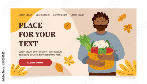 Harvest festival banner. Happy harvest poster. Autumn, harvest and Thanksgiving concept. Man with basket of vegetables.