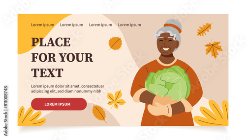 Harvest festival banner. Happy harvest poster. Autumn, harvest and Thanksgiving concept. Woman with cabbage.