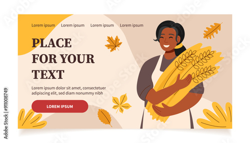 Harvest festival banner. Happy harvest poster. Autumn, harvest and Thanksgiving concept. Bread concept. Woman with wheat.