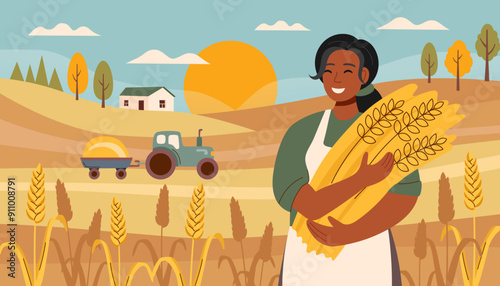 Harvest festival banner. Happy harvest poster. Autumn, harvest and Thanksgiving concept. Bread concept. Woman with wheat in the background of the field.