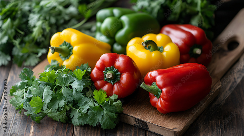 Assorted bell peppers with cilantro on a wooden background, high resolution Assorted bell peppers with cilantro on a wooden background, high resolution