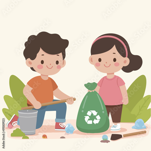 people cleaning nature by collecting garbage into trash bags. Family working together and picking plastic litter. Colored flat vector illustration isolated on white background