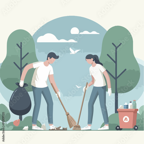 people cleaning nature by collecting garbage into trash bags. Family working together and picking plastic litter. Colored flat vector illustration isolated on white background