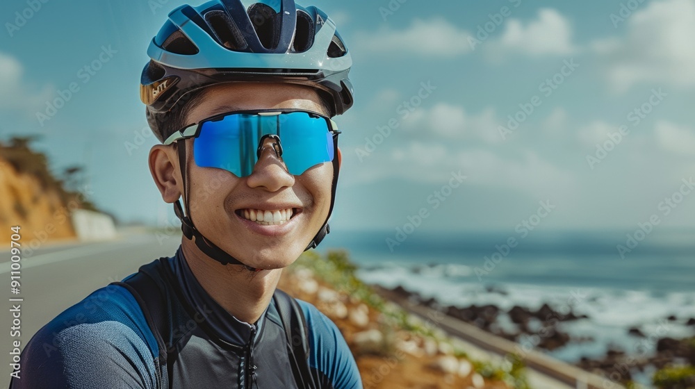 Happy Asian man cycling against a seashore backdrop Happy Asian man cycling against a seashore backdrop