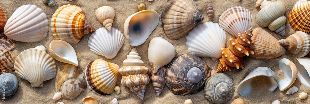A capture of a diverse collection of seashells on the sandy beach, highlighting their distinct patterns and textures under daylight. A capture of a diverse collection of seashells on the sandy beach, highlighting their distinct patterns and textures under daylight.