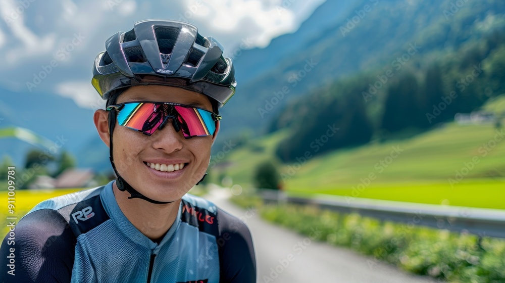 Smiling cyclist on a mountain journey with reflective glasses Smiling cyclist on a mountain journey with reflective glasses