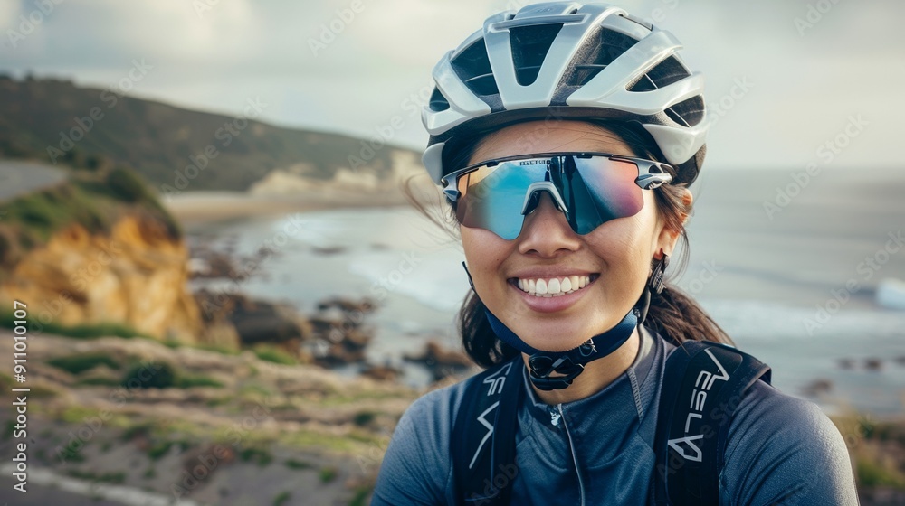 Smiling woman cycling against a serene seashore backdrop Smiling woman cycling against a serene seashore backdrop