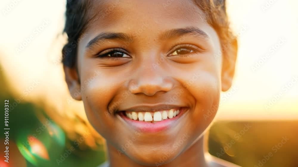 A joyful young girl with a radiant smile enjoys the warm glow of a sunset in a peaceful outdoor environment A joyful young girl with a radiant smile enjoys the warm glow of a sunset in a peaceful outdoor environment