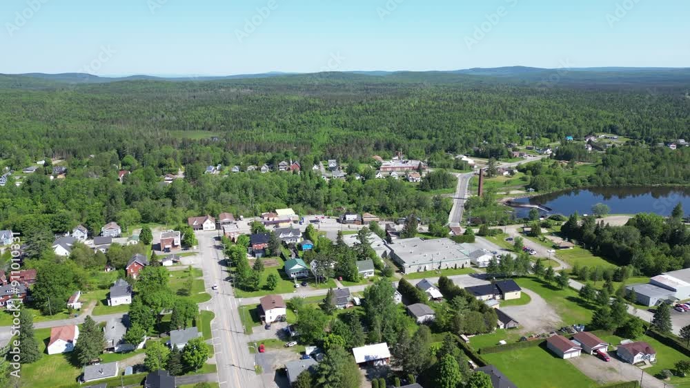 Drone shot over city of Scotstown Quebec Canada