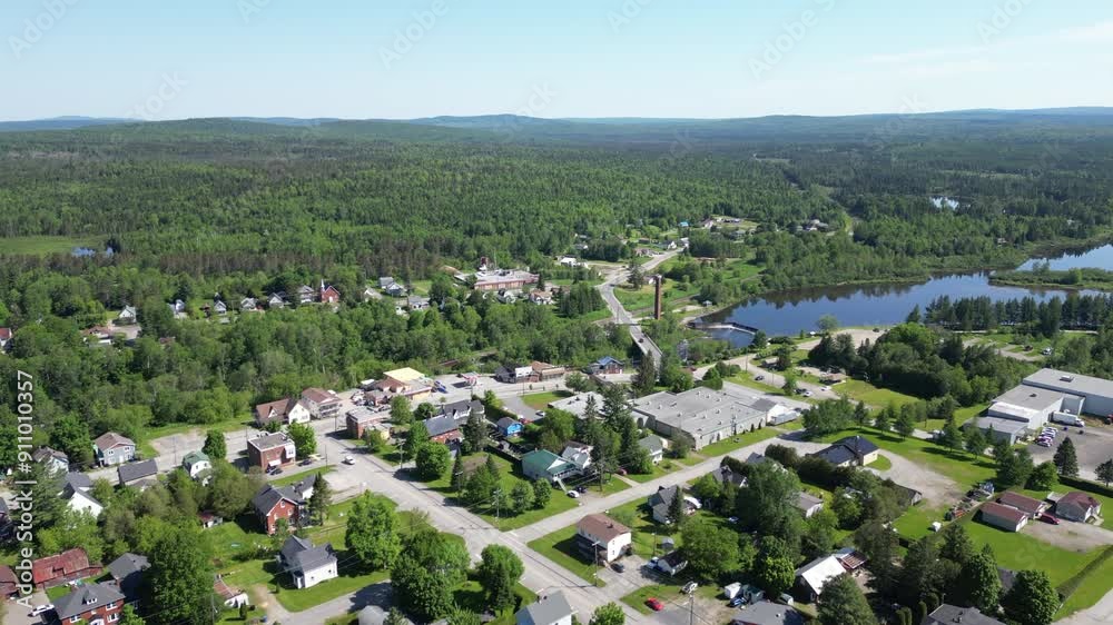 Drone shot over city of Scotstown Quebec Canada