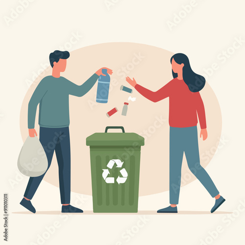 people cleaning nature by collecting garbage into trash bags. Family working together and picking plastic litter. Colored flat vector illustration isolated on white background