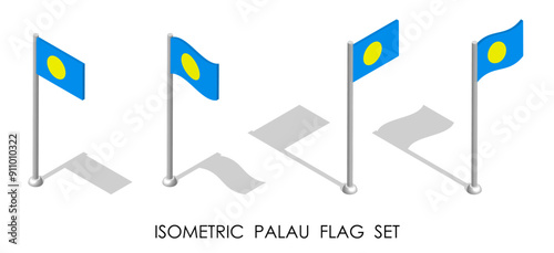 Isometric Palau flag in static position and in motion on flagpole. Palau map pin mark. 3d vector isolated on white background