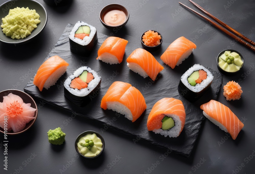 Set of sushi with ingredients salmon, ginger, wasabi and chopstick on stone background. delicious japan food, ai Set of sushi with ingredients salmon, ginger, wasabi and chopstick on stone background. delicious japan food, ai