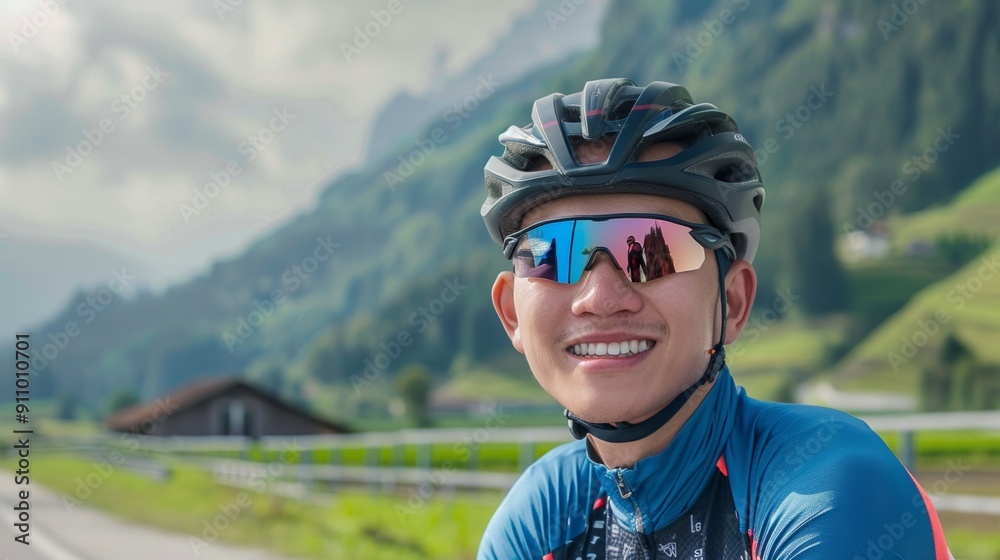 Happy cyclist navigating mountain roads with a smile Happy cyclist navigating mountain roads with a smile