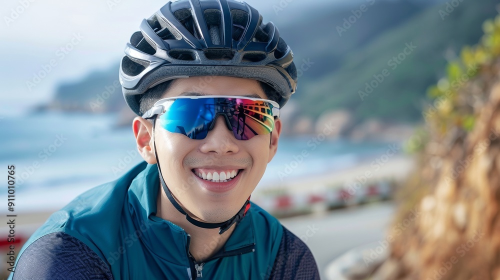 Reflective glasses-clad cyclist enjoying the ocean view Reflective glasses-clad cyclist enjoying the ocean view