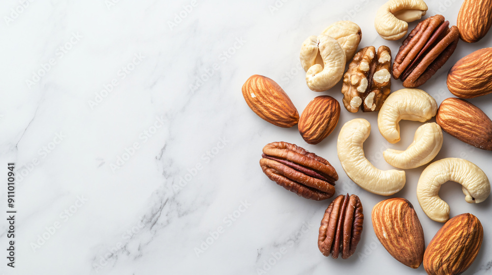 Assorted nuts including almonds, cashews, and pecans on a marble background Assorted nuts including almonds, cashews, and pecans on a marble background