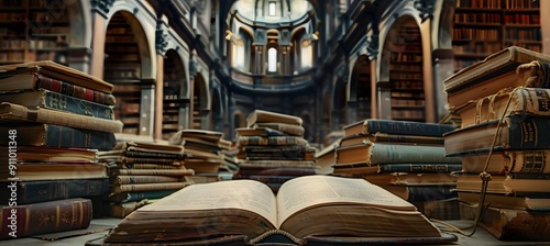 An open book is placed on the table in front, surrounded by stacks of books and shelves filled with various ancient knowledge and wisdom from different cultures and eras. 