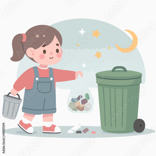 people cleaning nature by collecting garbage into trash bags. Family working together and picking plastic litter. Colored flat vector illustration isolated on white background