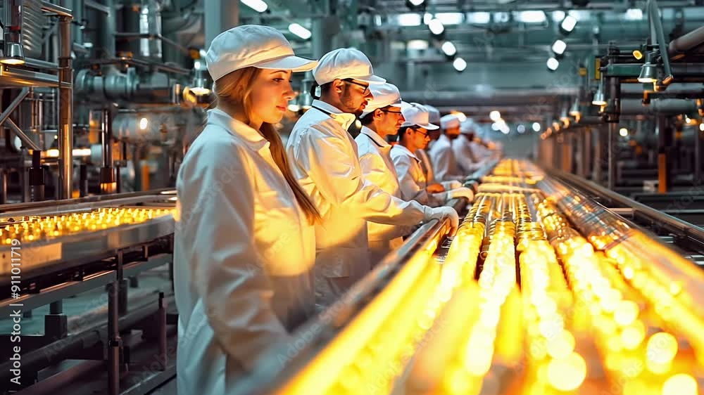 A woman is working in a factory with other workers. The factory is filled with yellow objects. The woman is wearing a white hat and a white shirt A woman is working in a factory with other workers. The factory is filled with yellow objects. The woman is wearing a white hat and a white shirt