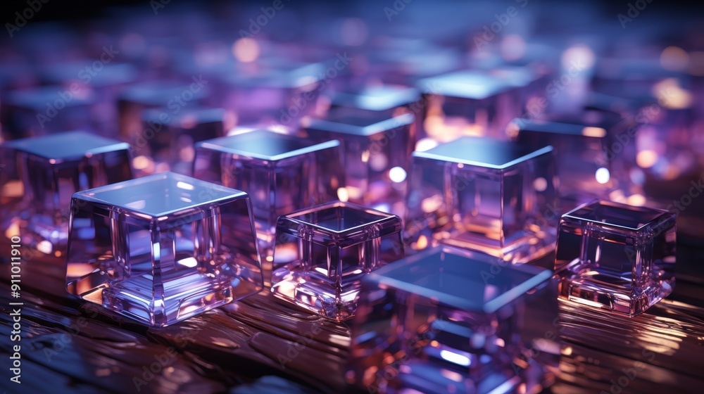 Colorful Glass Cubes on Reflective Surface. Colorful Glass Cubes on Reflective Surface.