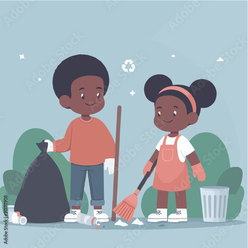 people cleaning nature by collecting garbage into trash bags. Family working together and picking plastic litter. Colored flat vector illustration isolated on white background