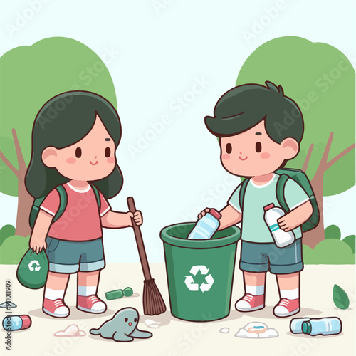 people cleaning nature by collecting garbage into trash bags. Family working together and picking plastic litter. Colored flat vector illustration isolated on white background