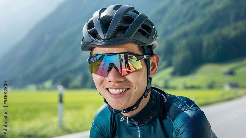 Reflective glasses-wearing cyclist exploring mountain roads