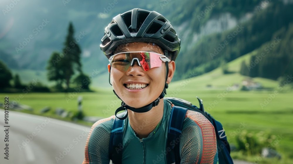 Reflective glasses-wearing cyclist exploring mountain roads Reflective glasses-wearing cyclist exploring mountain roads