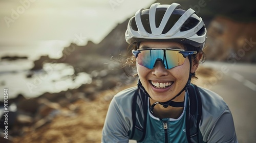 Wallpaper Mural Happy Asian woman on a coastal cycling adventure Torontodigital.ca