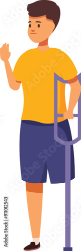 Young man with a prosthetic leg is standing and waving