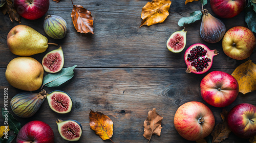 Fall fruits including apples, pears, figs, and pomegranates with autumn leaves on a rustic wooden background photo