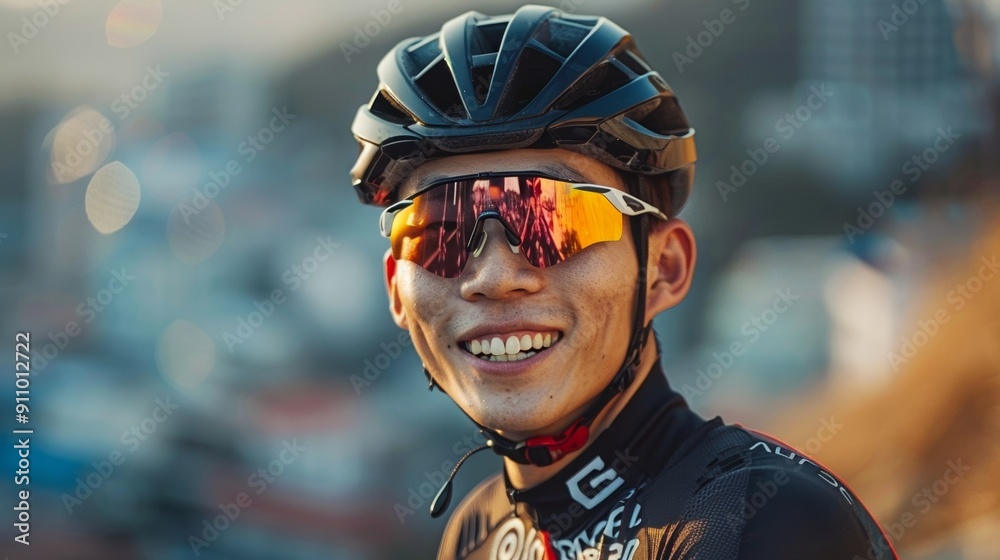 Joyful cyclist riding in an urban setting Joyful cyclist riding in an urban setting