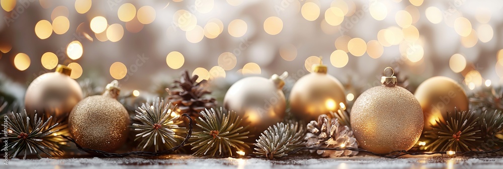 A beautiful arrangement of Christmas decorations featuring golden baubles and pine cones, set against a softly lit, festive background. A beautiful arrangement of Christmas decorations featuring golden baubles and pine cones, set against a softly lit, festive background.