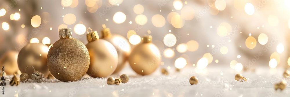 Close-up of golden Christmas ornaments and sparkling lights in a festive, softly-lit background, evoking warmth and holiday cheer.