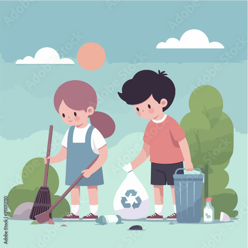 people cleaning nature by collecting garbage into trash bags. Family working together and picking plastic litter. Colored flat vector illustration isolated on white background