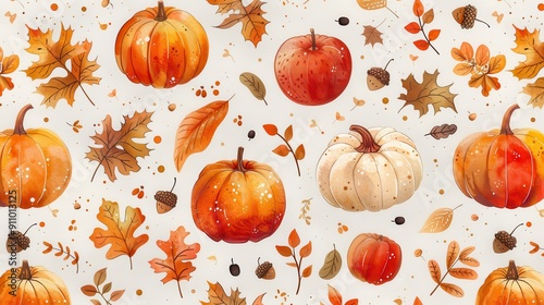 Watercolor Seamless Pattern of Pumpkins, Leaves, and Acorns