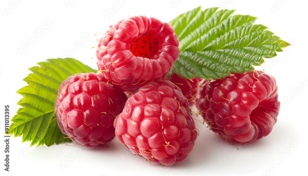 Ripe raspberries with leaf isolated on a white background Ripe raspberries with leaf isolated on a white background
