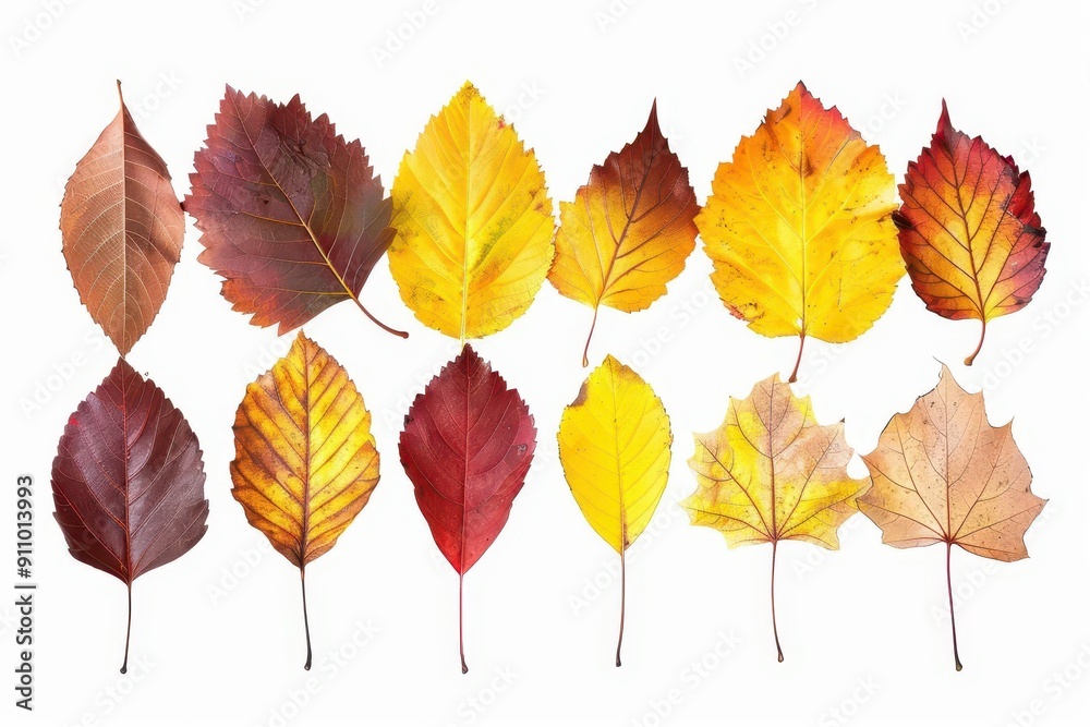 artful arrangement of diverse autumn leaves showcasing a spectrum of warm hues from golden yellows to deep reds isolated on a crisp white background artful arrangement of diverse autumn leaves showcasing a spectrum of warm hues from golden yellows to deep reds isolated on a crisp white background