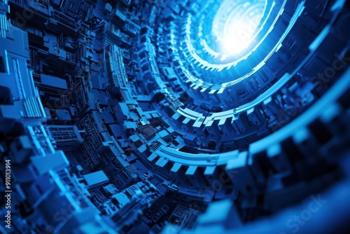 A fantastical depiction of blue gears formed by luminous digital connections
