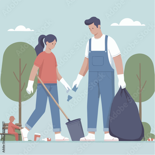 people cleaning nature by collecting garbage into trash bags. Family working together and picking plastic litter. Colored flat vector illustration isolated on white background