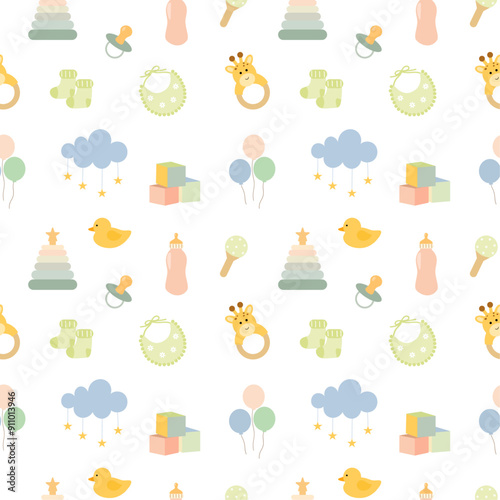 Seamless pattern with newborn accessories set. Baby care items, booties, toys, milk bottles and rattles, pacifier. Maternity and childhood things. Vector pattern in flat style.