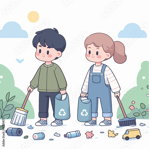 people cleaning nature by collecting garbage into trash bags. Family working together and picking plastic litter. Colored flat vector illustration isolated on white background